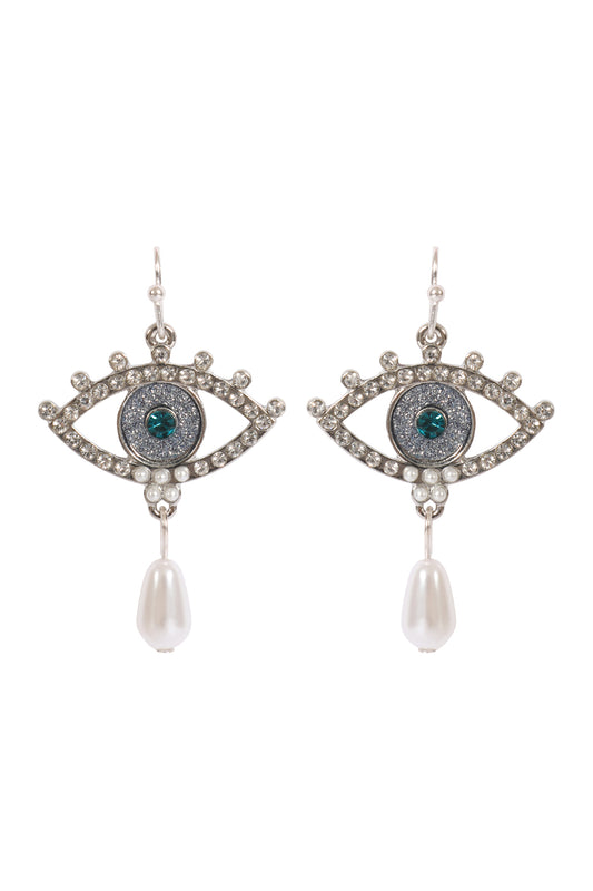 Evil Eye Pave Sand Sticker Pearl Hook Earrings Silver