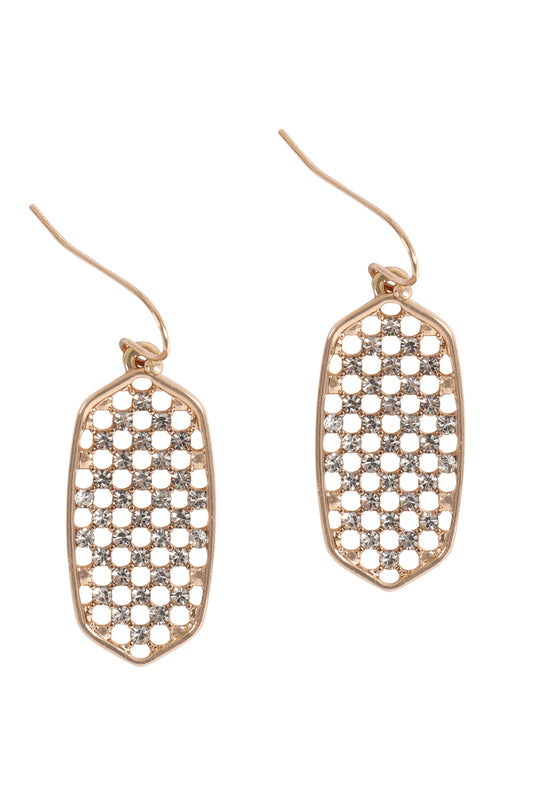 Hexagon Shape Pave Rhinestone Dangle Earrings