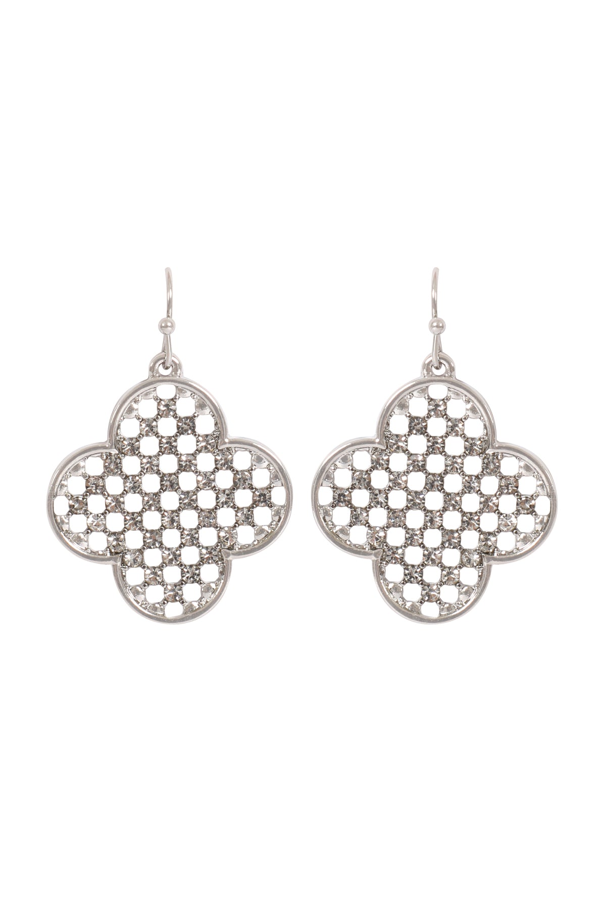 Clover Shape Rhinestone Hook Earrings Silver