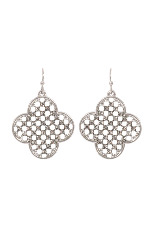 Clover Shape Rhinestone Hook Earrings Silver