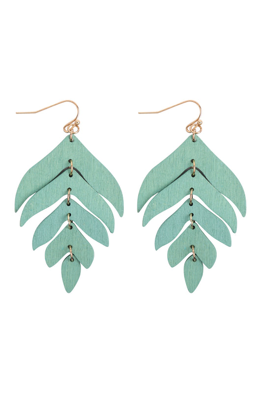 Wood Dangling Leaf Earrings Turquoise