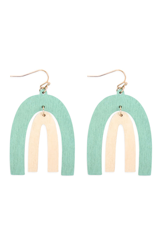 Wood Two Tone Upside Down U Hook Earrings TurQuiose