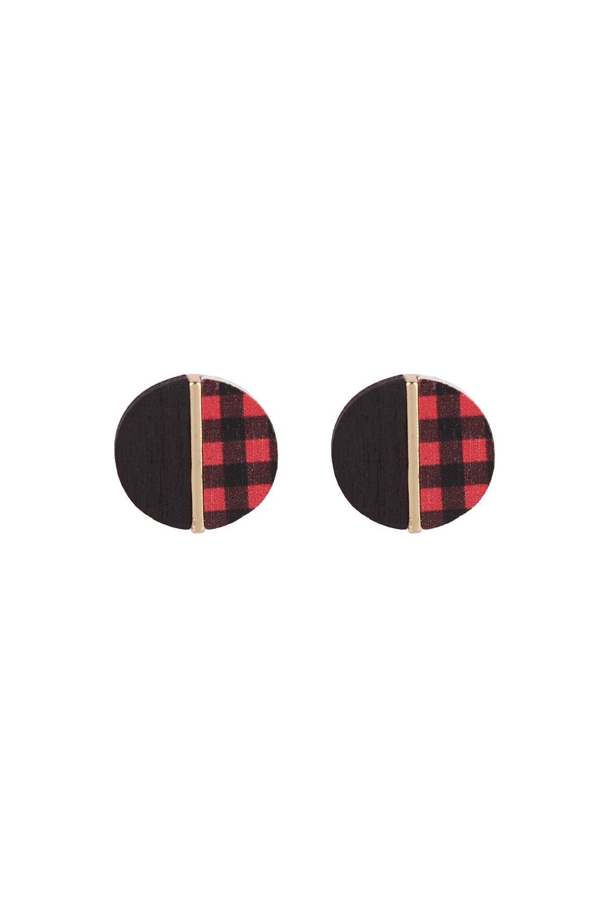 Round Wood Check Two Tone Stud Earrings