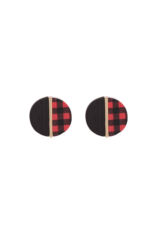 Round Wood Check Two Tone Stud Earrings