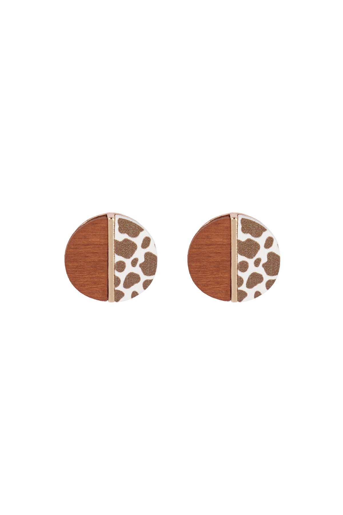 Round Wood Check Two Tone Stud Earrings
