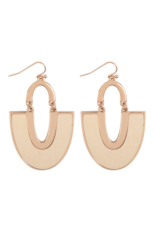 Wood Metal U Shape Earrings Gold Cream