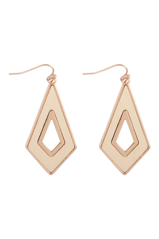 Wood Metal Geometric Shape Earrings Gold Cream