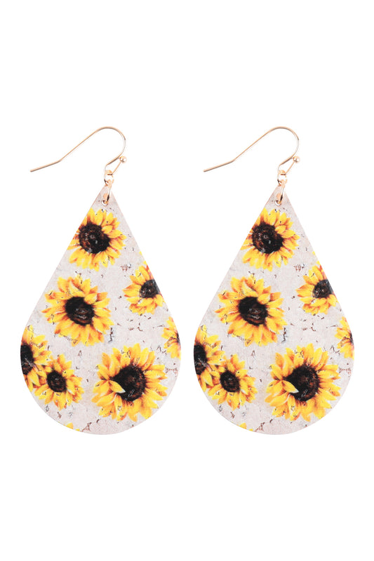 Sunflower Printed Cork Teardrop Fish Hook Earring