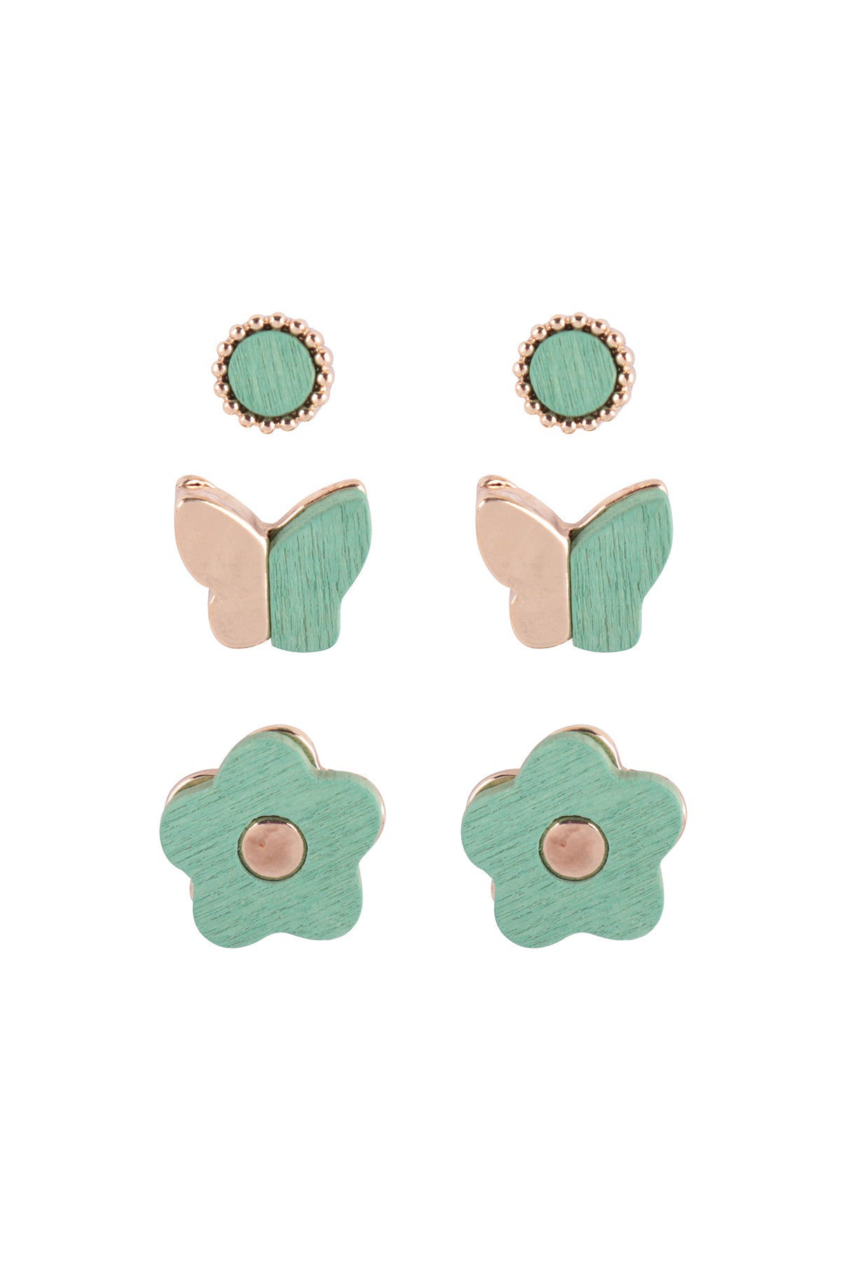 Wood Spring Set Butterfly Flower Stud Earrings