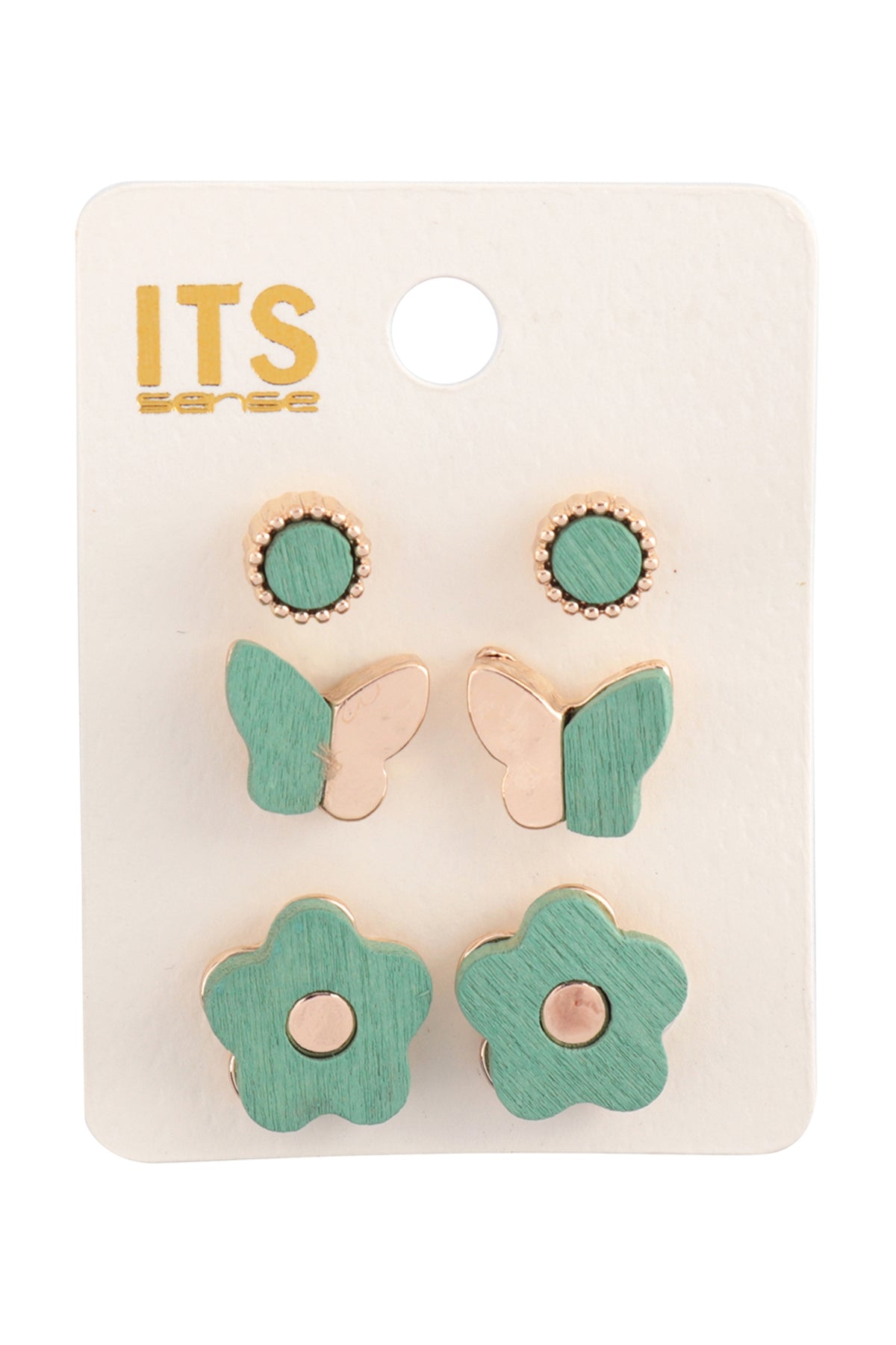 Wood Spring Set Butterfly Flower Stud Earrings