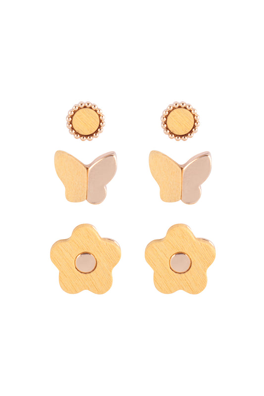 Wood Spring Set Butterfly Flower Stud Earrings
