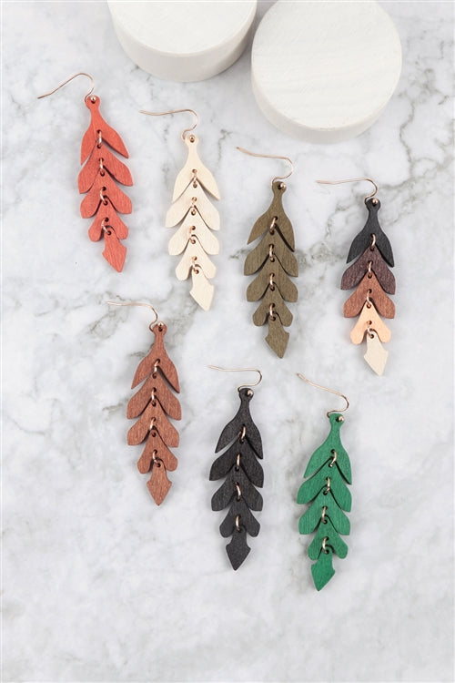 Wood Narrrow Leaf Dangle Drop Earrings