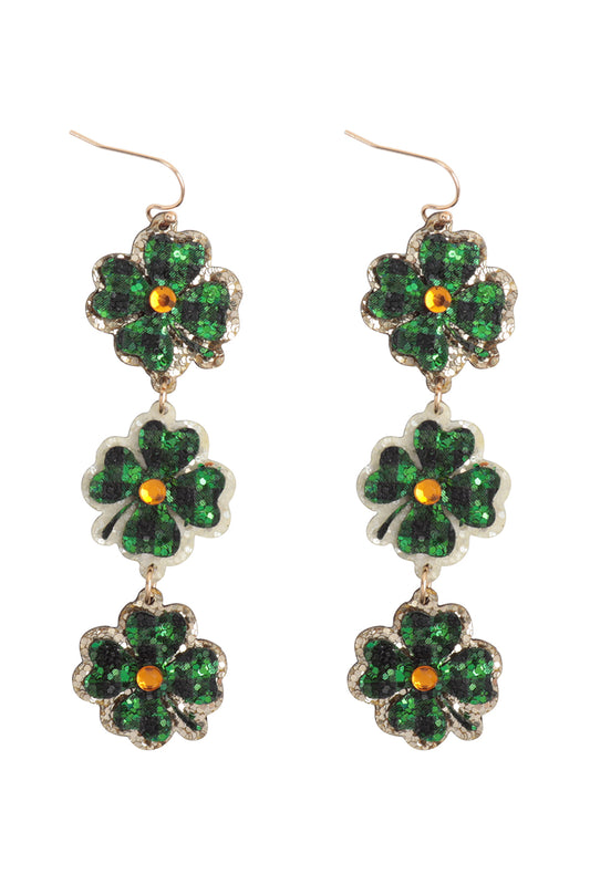 Four Leaf Clover 3 Drop Glitter Earrings-Multicolor