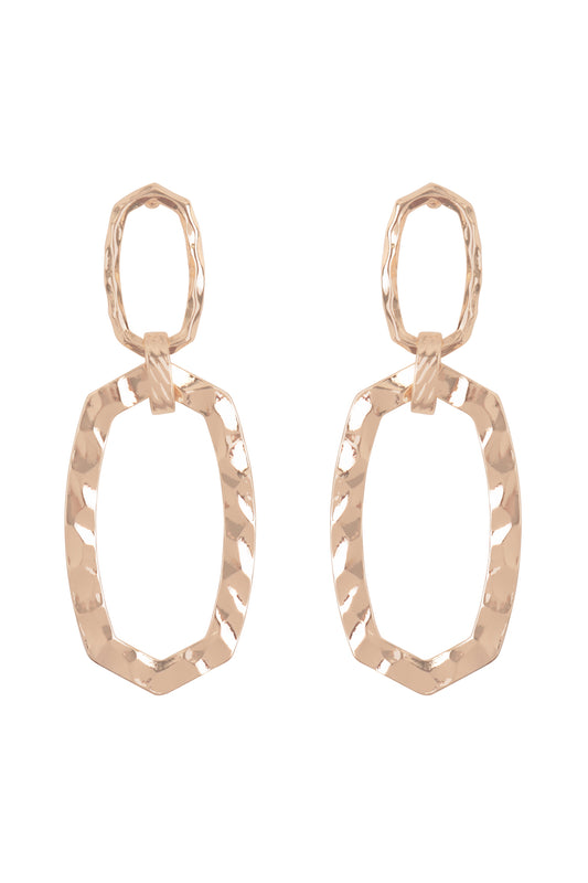 Organic Textured Hexagon Two Drop Earrings Gold