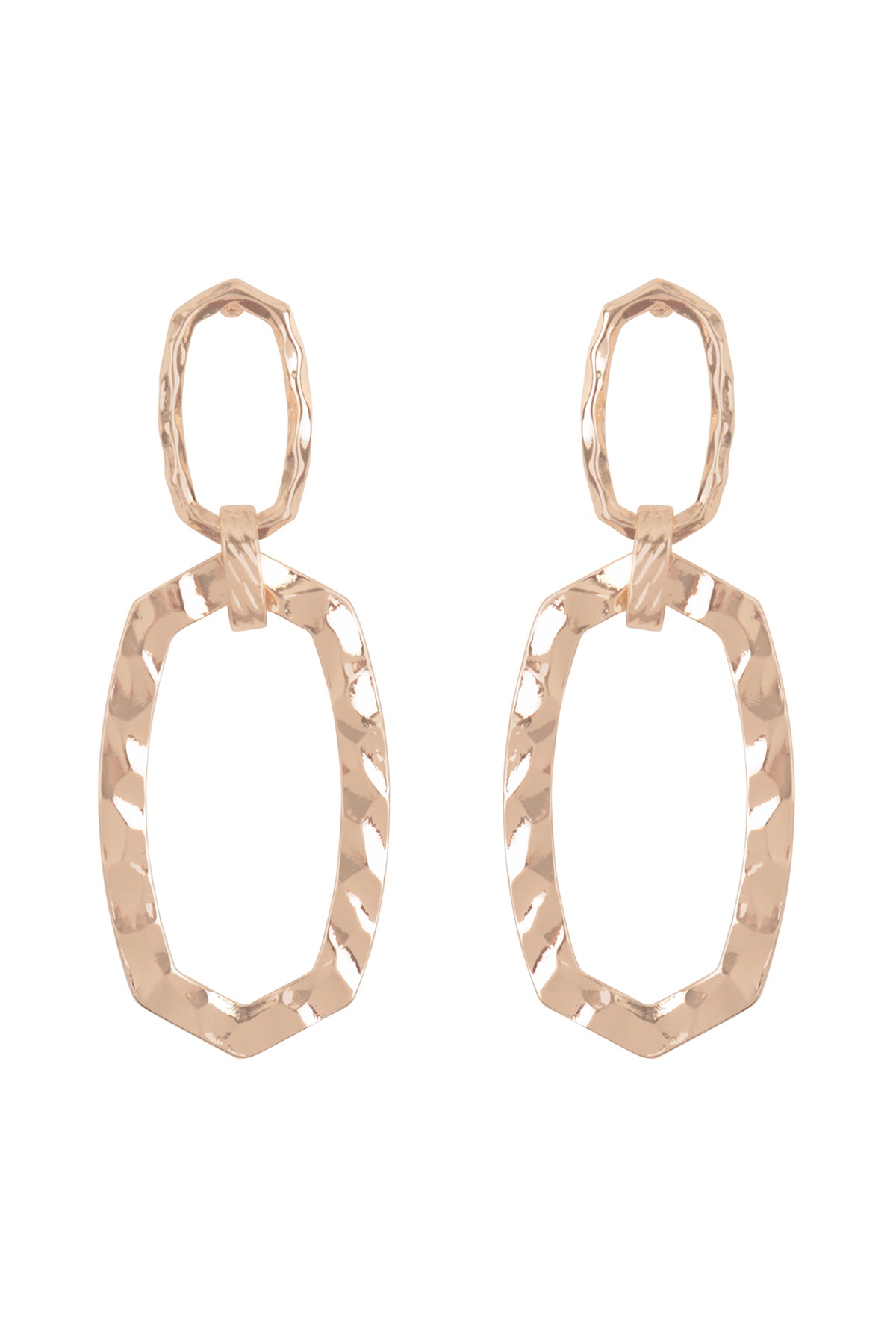 Organic Textured Hexagon Two Drop Earrings Gold