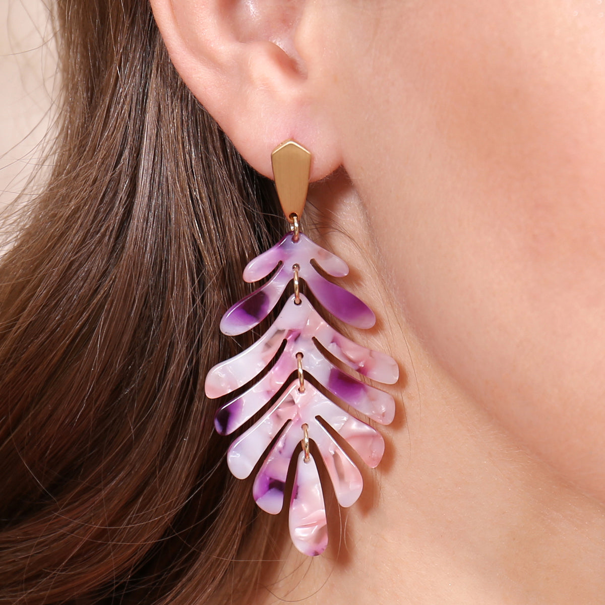 Cast Resin Leaf Drop Earrings Purple