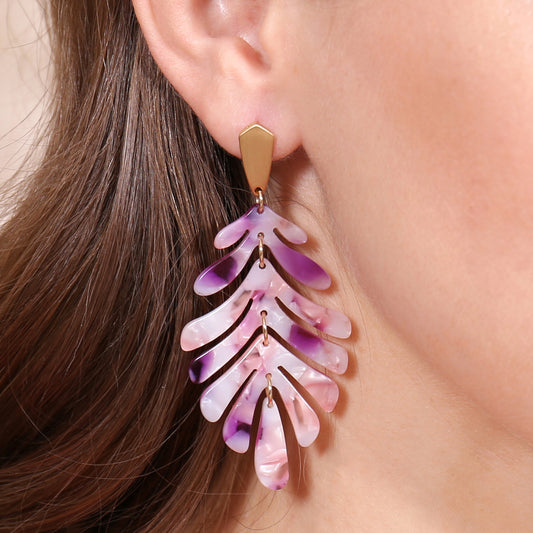 Cast Resin Leaf Drop Earrings Purple