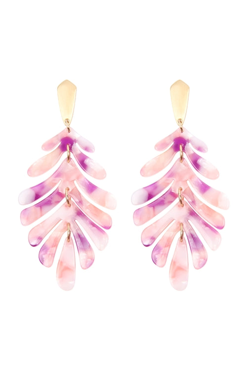 Cast Resin Leaf Drop Earrings Purple