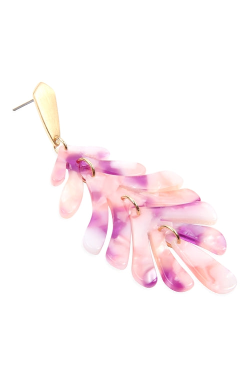 Cast Resin Leaf Drop Earrings Purple