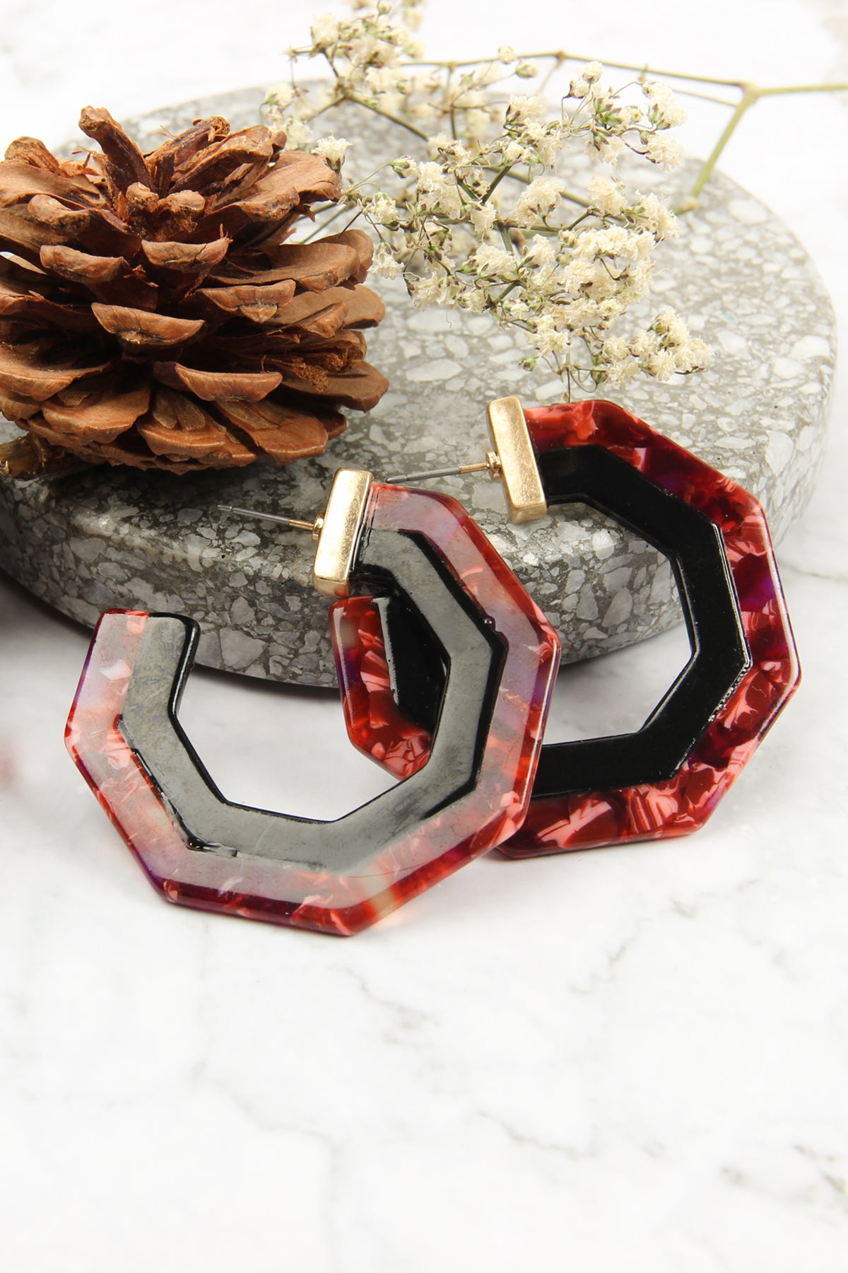 Cast Polygon Resin Post Earrings Burgundy