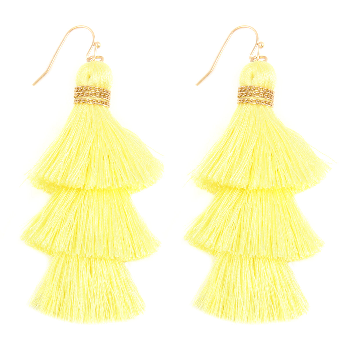 Three Layered Thread Tassel Hook Earrings Yellow