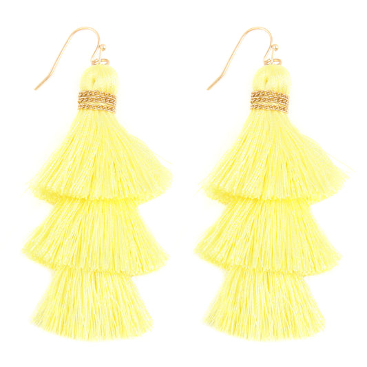 Three Layered Thread Tassel Hook Earrings Yellow