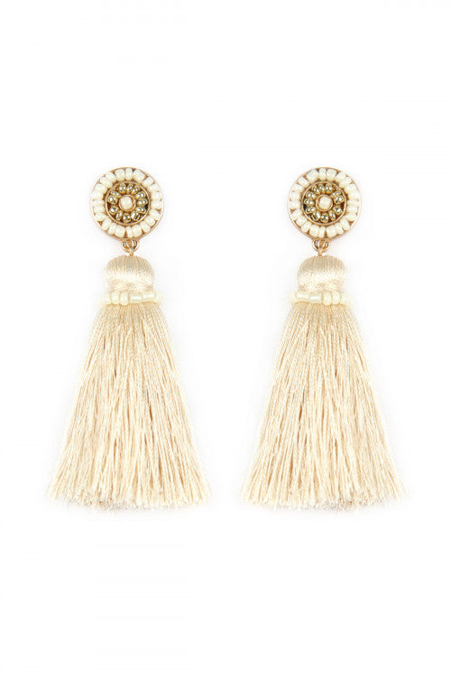 Cream Circled Seed Beads And Tassel Earrings