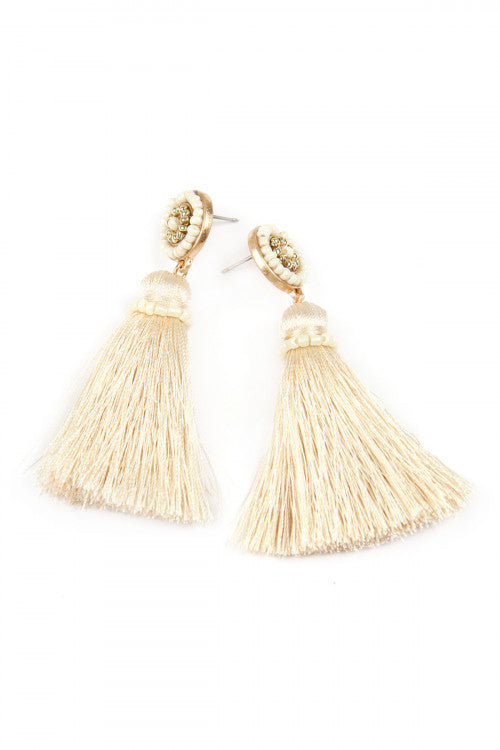 Cream Circled Seed Beads And Tassel Earrings