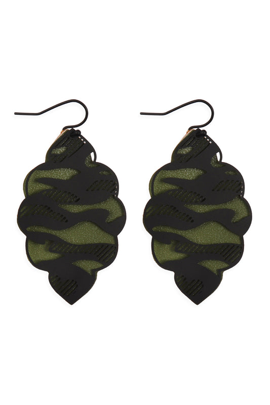Black Green Camouflage Marquise Layered Hook Earrings