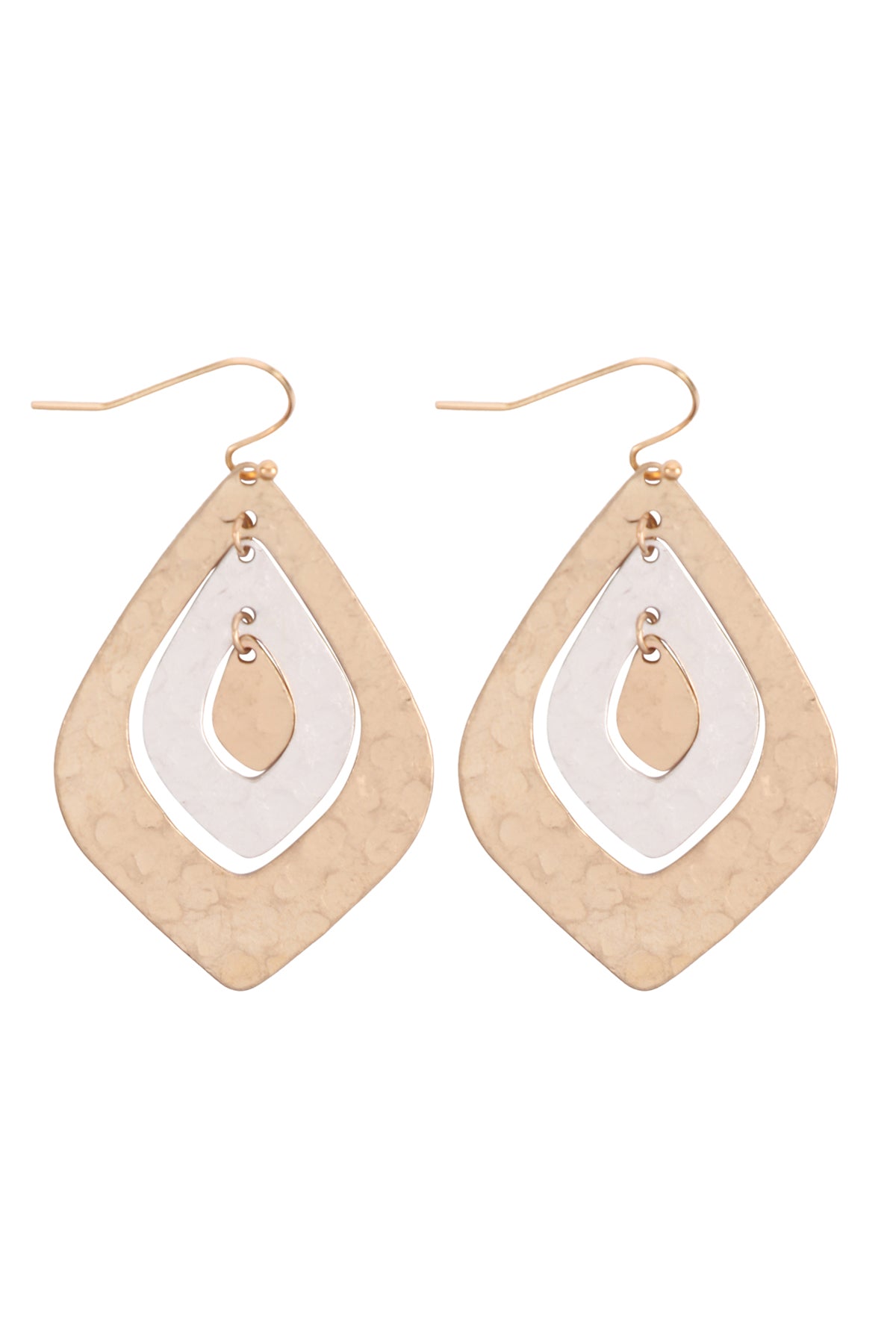 Two Tone Hammerred Mar2uise Shape Earrings Matte Gold Matte Silver