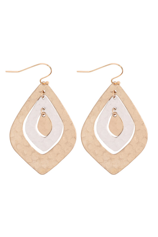 Two Tone Hammerred Mar2uise Shape Earrings Matte Gold Matte Silver