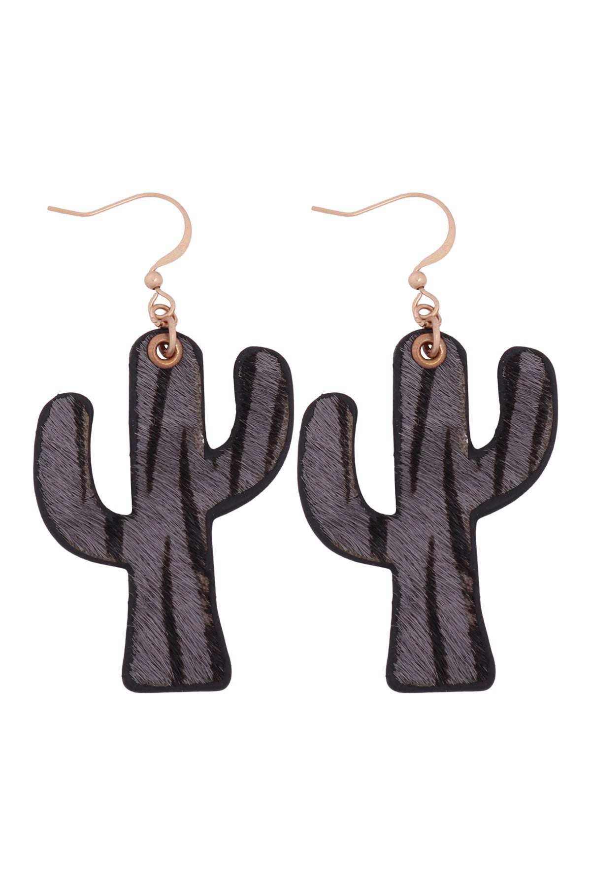 Leather Animal Print Cactus Drop Hook Earrings Zebra Gray