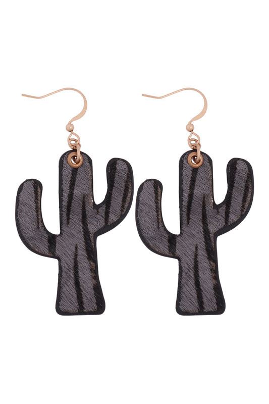 Leather Animal Print Cactus Drop Hook Earrings Zebra Gray