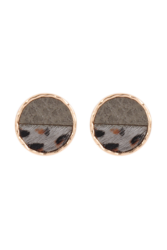 Animal Print Two Tone Round Post Earring Leopard Gray