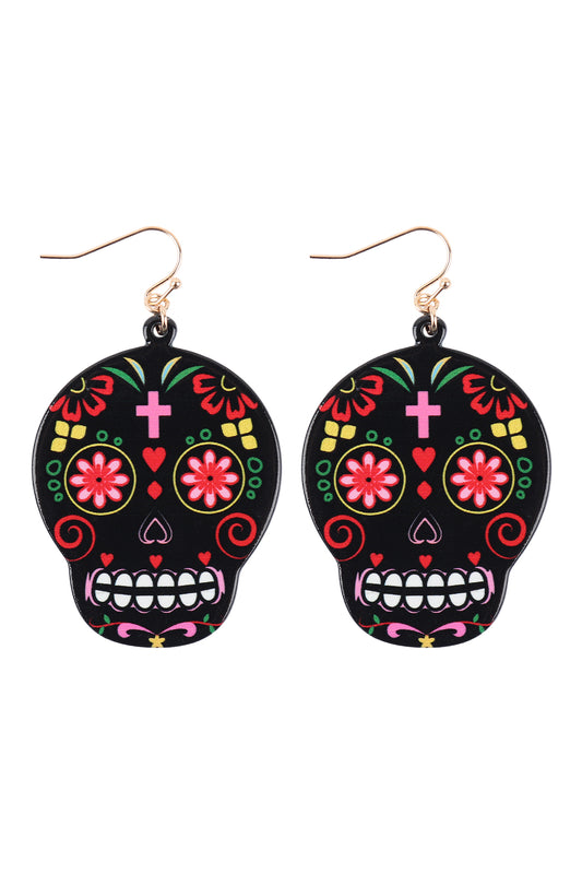 Sugar Skull Fish Hook Dangling Earrings Turquoise