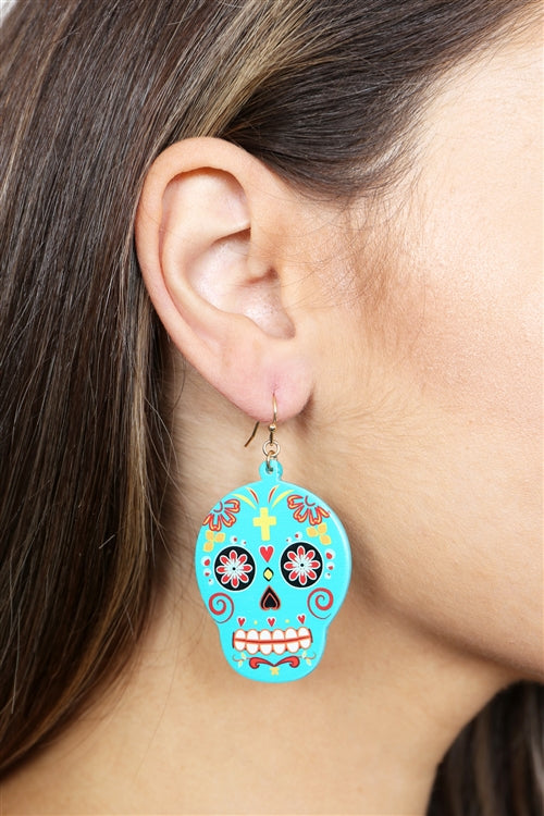 Sugar Skull Fish Hook Dangling Earrings Turquoise