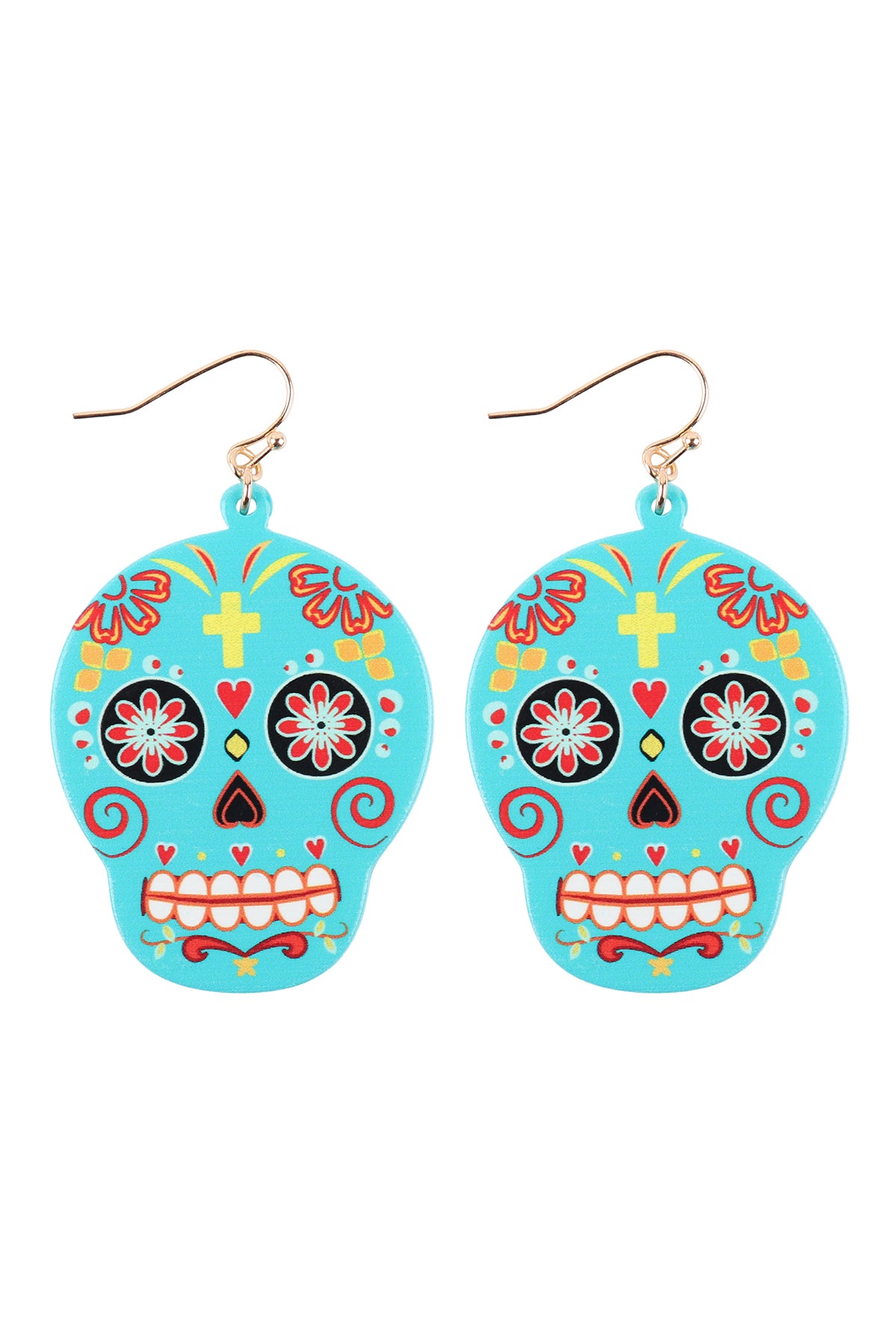 Sugar Skull Fish Hook Dangling Earrings Turquoise