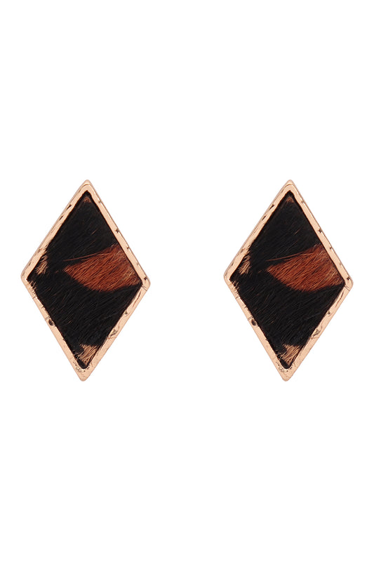 Genuine Leather Animal Print Diamond Post Earrings Leopard Brown
