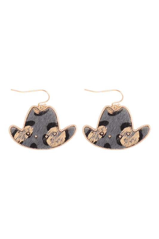 Cowboy Hat Gold Paint Leopard Leather Earrings Gray