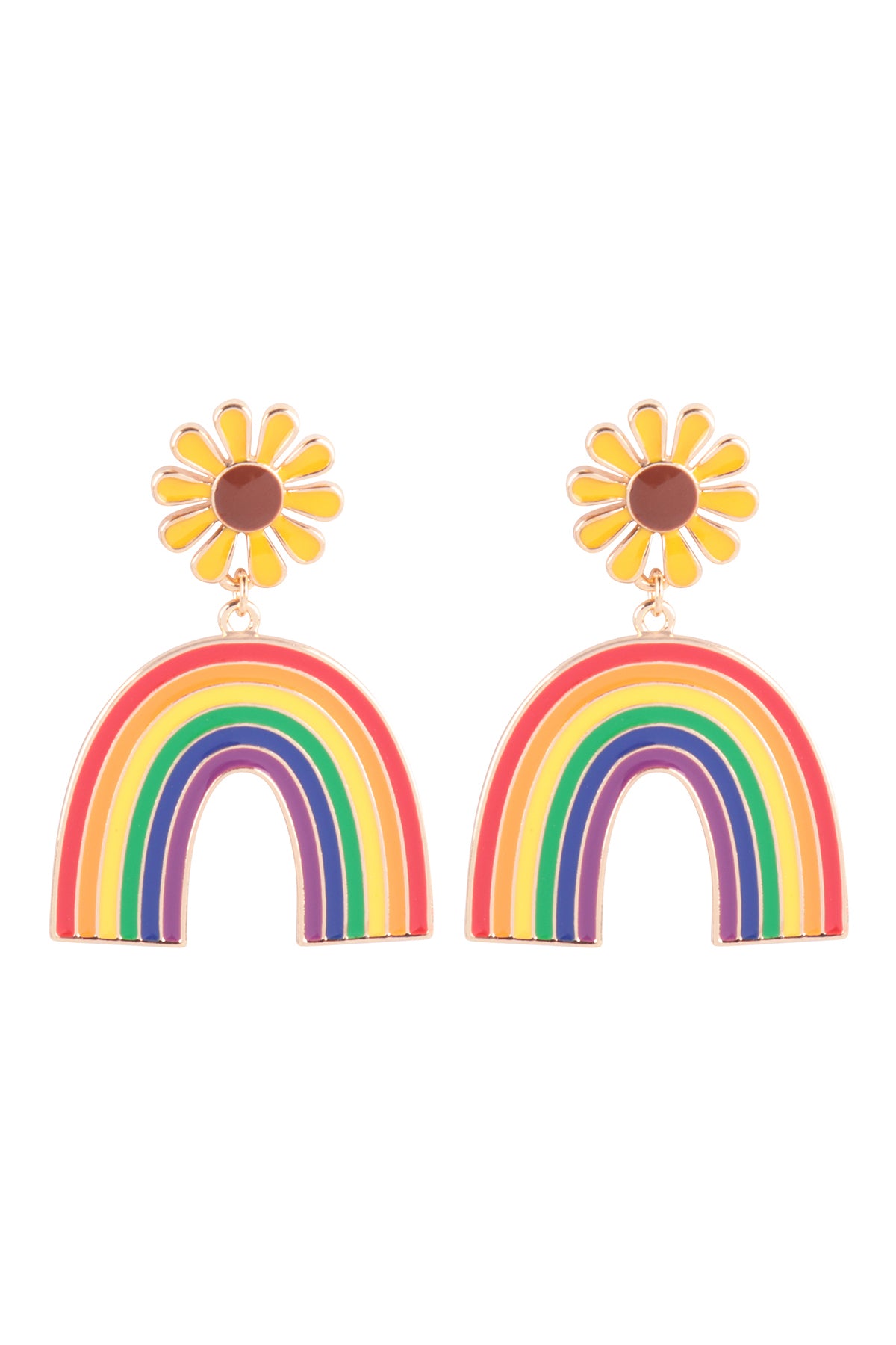 Rainbow W/ Flower Enamel Post Dangle Earrings Yellow