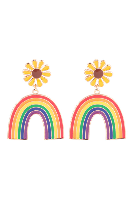 Rainbow W/ Flower Enamel Post Dangle Earrings Yellow