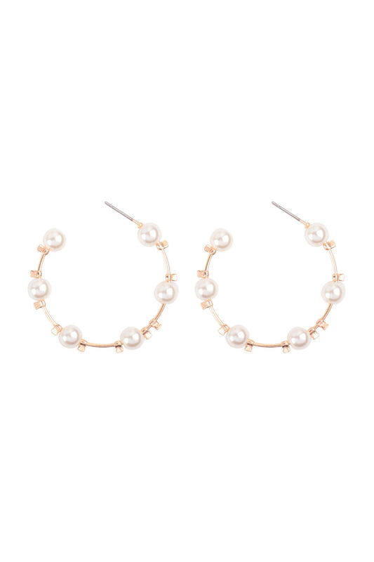 Pearl Station Hoop Earrings Gold