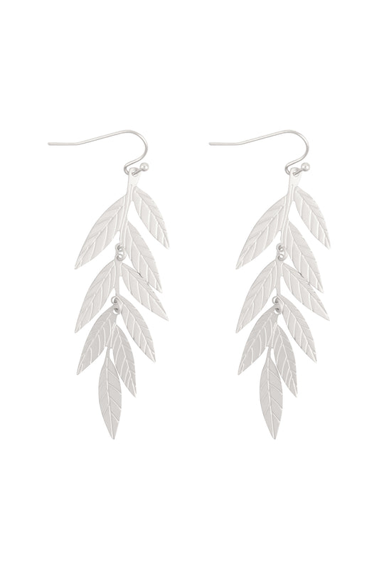 Textured Narrow Leaf Drop Fish Hook Earrings Matte Silver