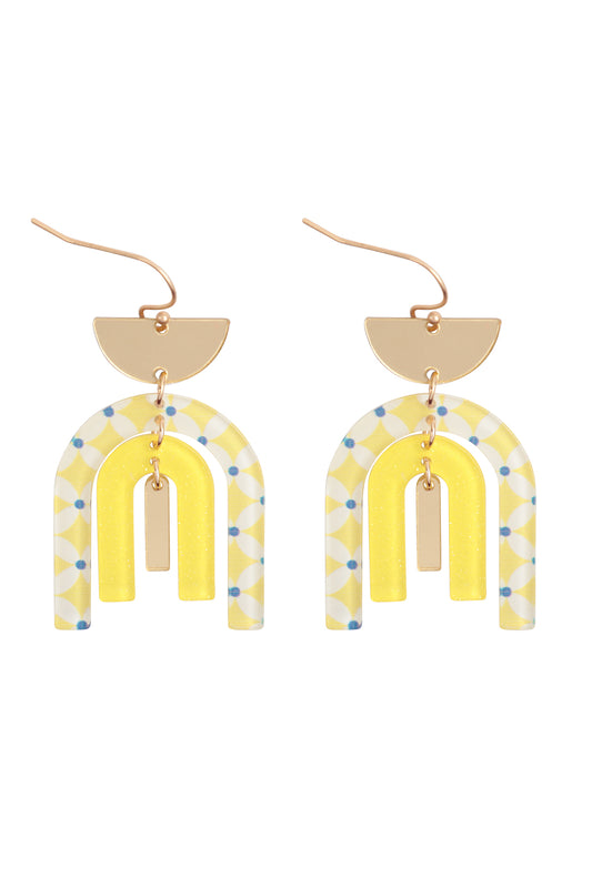 Sprint Print Acylic Arc Shape Fish Hook Earrings Yellow