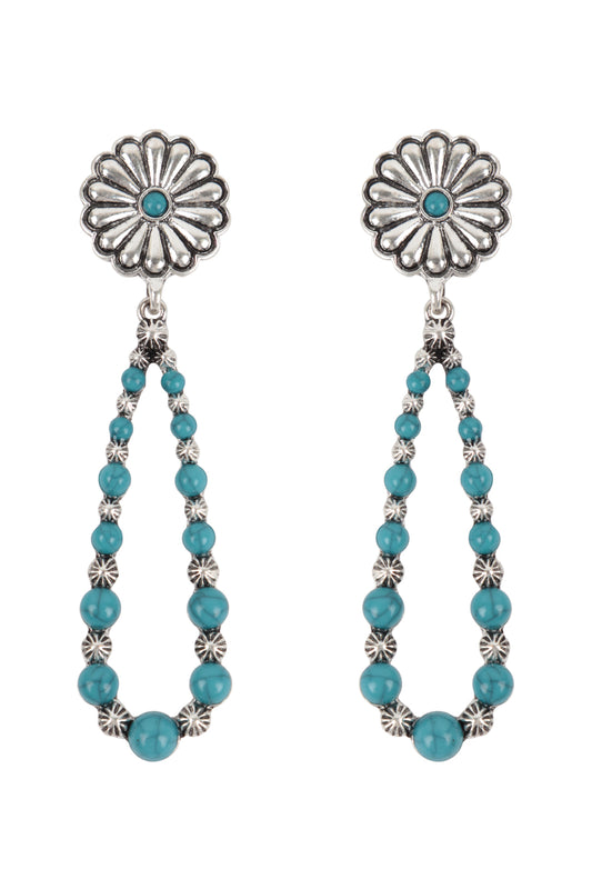 Western Concho  Flower Natural Stone Drop Earrings Silver Burnish TurQuoise
