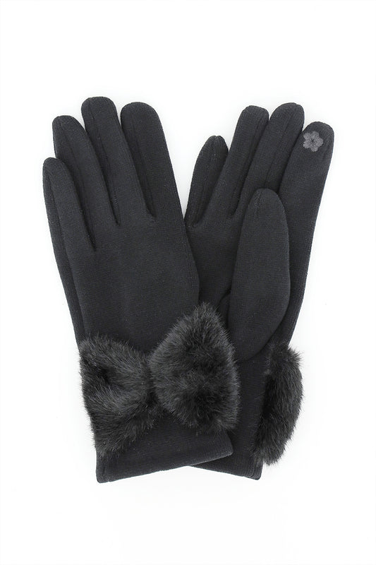 Soft Knit Touchscreen Gloves With Faux Fur Bow