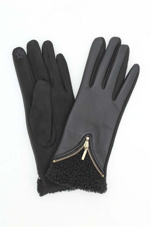 Zipper Detail Faux Leather Touchscreen Gloves