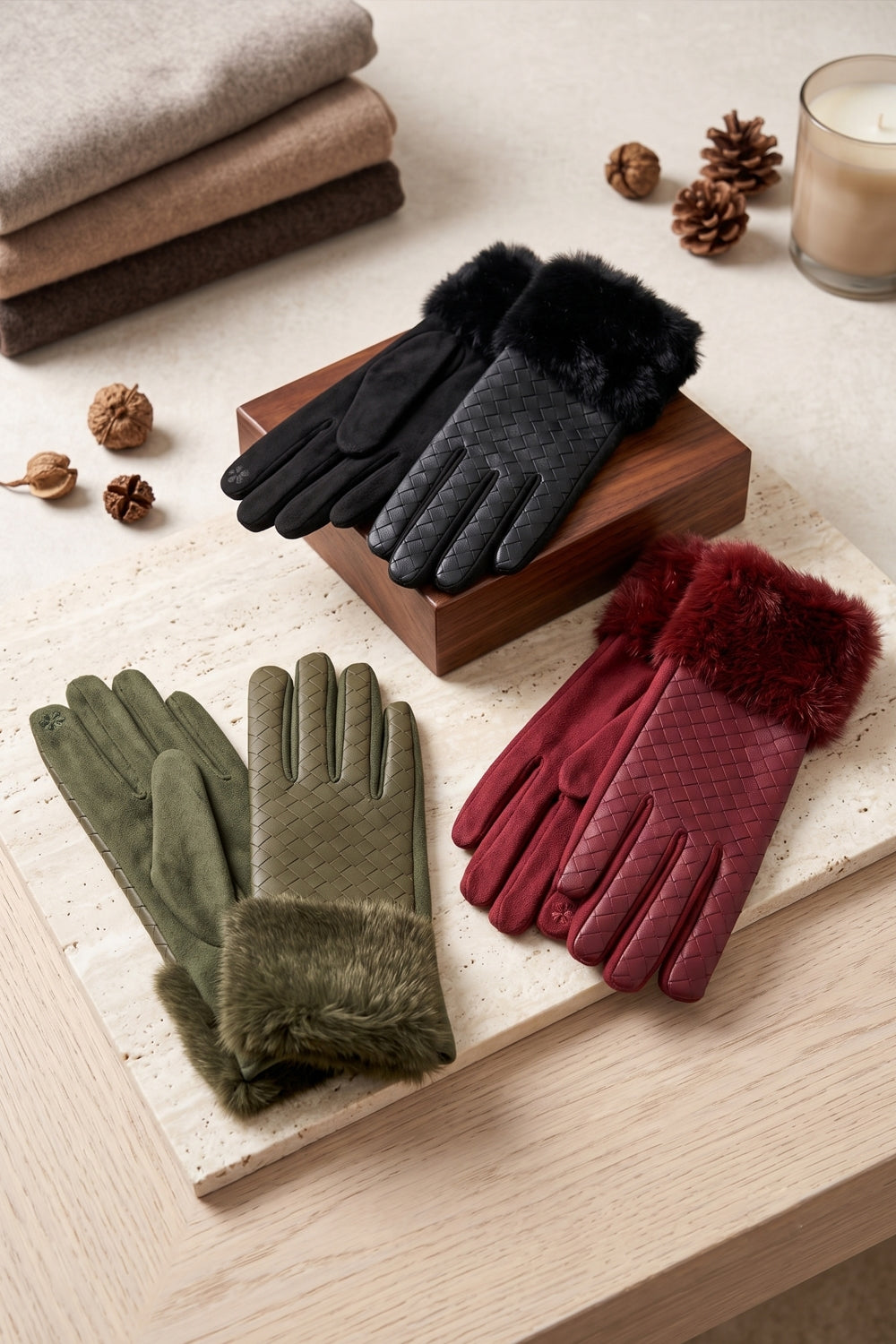 Quilted Faux Leather And Faux Suede Touchscreen Fur Gloves