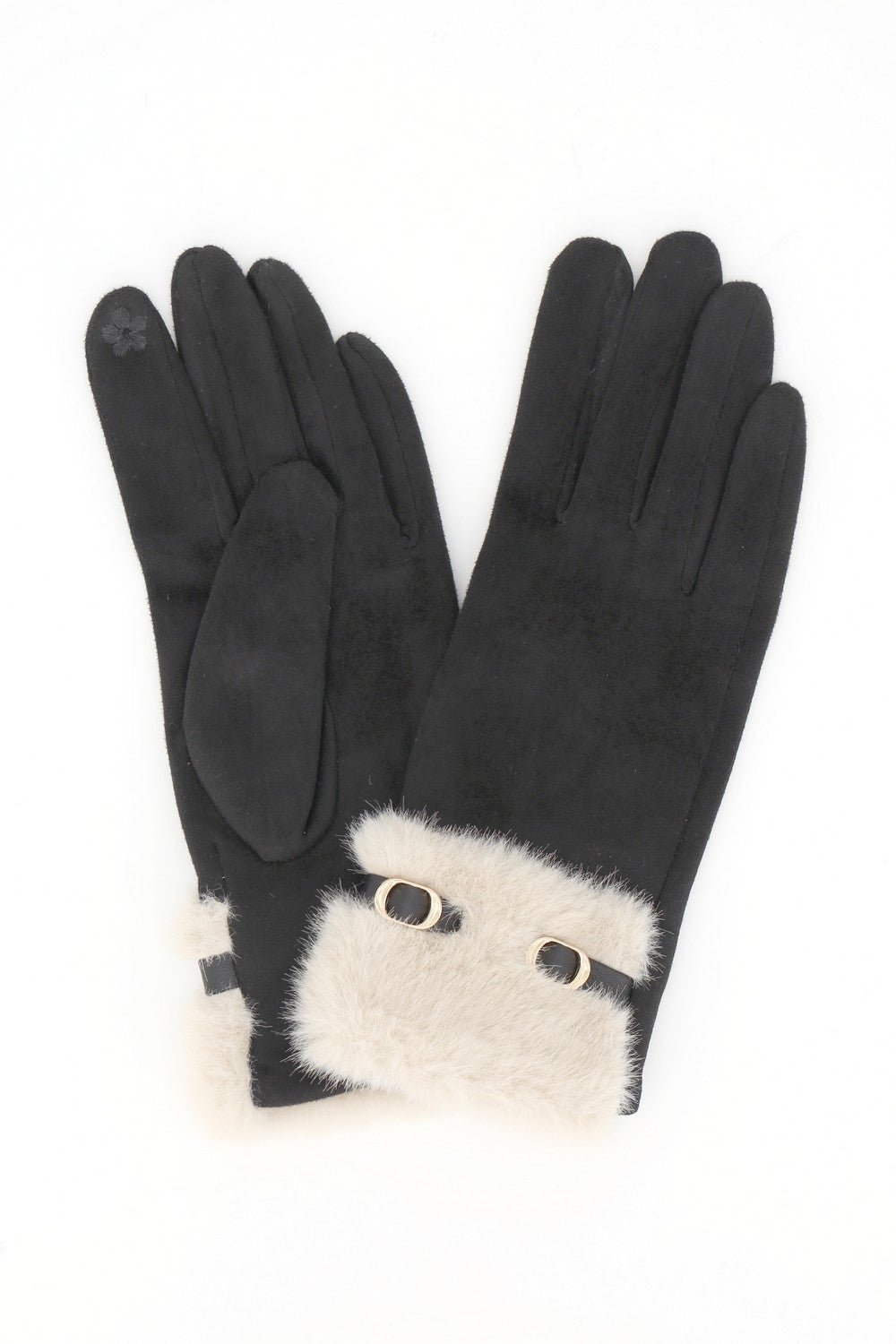 Faux Suede Touchscreen Gloves With Faux Fur Cuff And Buckle