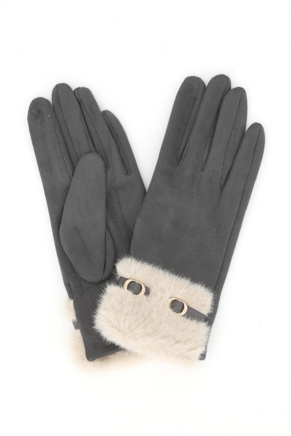 Faux Suede Touchscreen Gloves With Faux Fur Cuff And Buckle